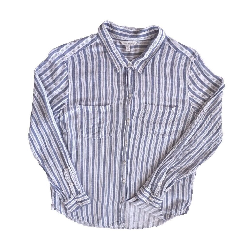 Lucky Brand Women's Medium Long-sleeved Shirt Blouse‎ Striped Blue White